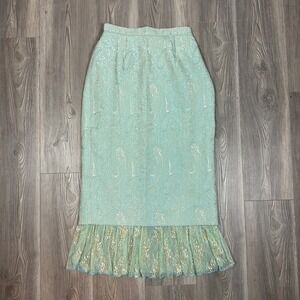 Aqua Jacquard Midi Skirt with Lace Tulle Detail - SIZE 8 Fairy Coquette Ethereal
